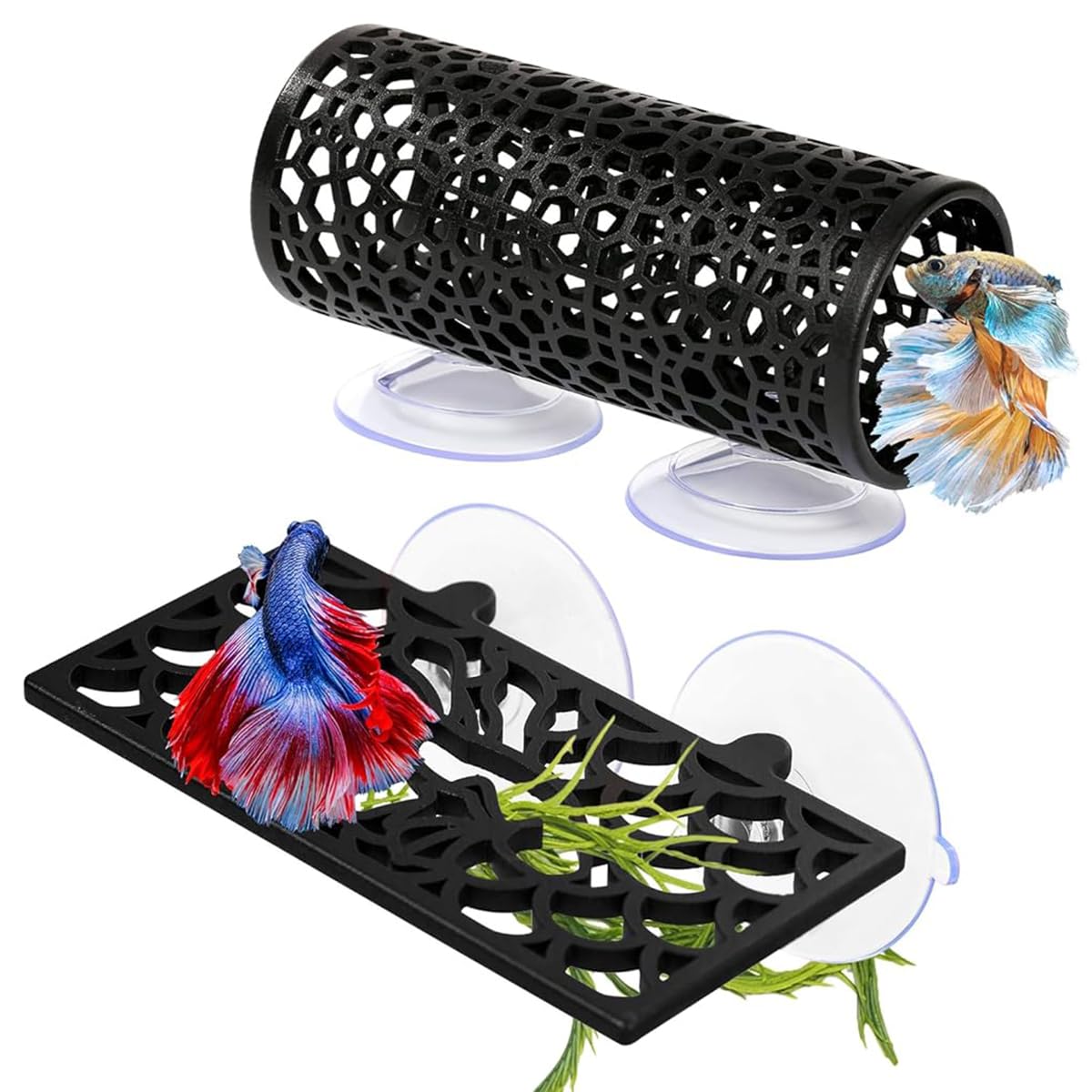Qpets Betta Fish Tank Accessories Decoration with Suction Cup, Fish Hide Cave Tunnel Plastic Mesh Fish Tank Landscape Decoration Ornament - 2Pcs Qpets Betta Fish Tank Accessories Decoration with Suction Cup, Fish Hide Cave Tunnel Plastic Mesh Fish Tank Landscape Decoration Ornament - 2Pcs